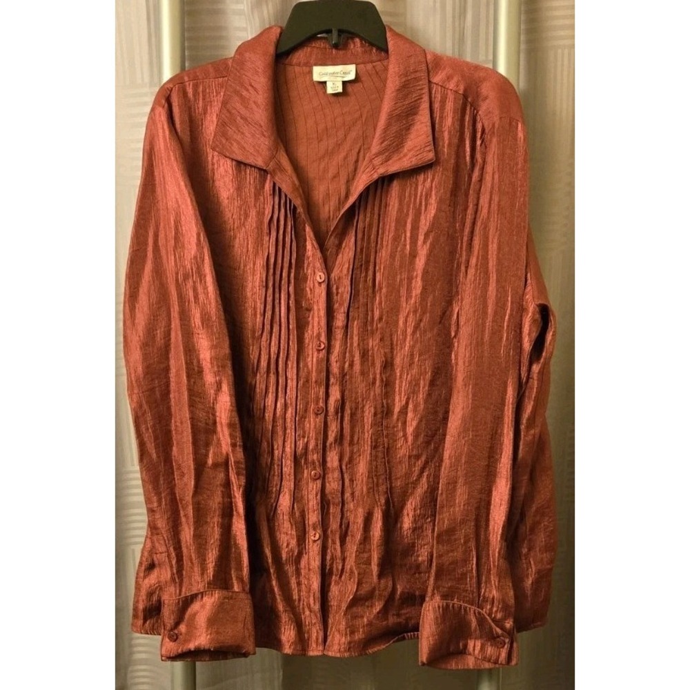 Coldwater Creek Long Sleeve Blouse Holiday Red Shiny Pleated X-Large